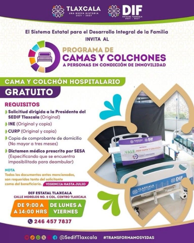 Invita el SMDIF de Huamantla a participar en el programa de camas y colchones hospitalarios gratuitos